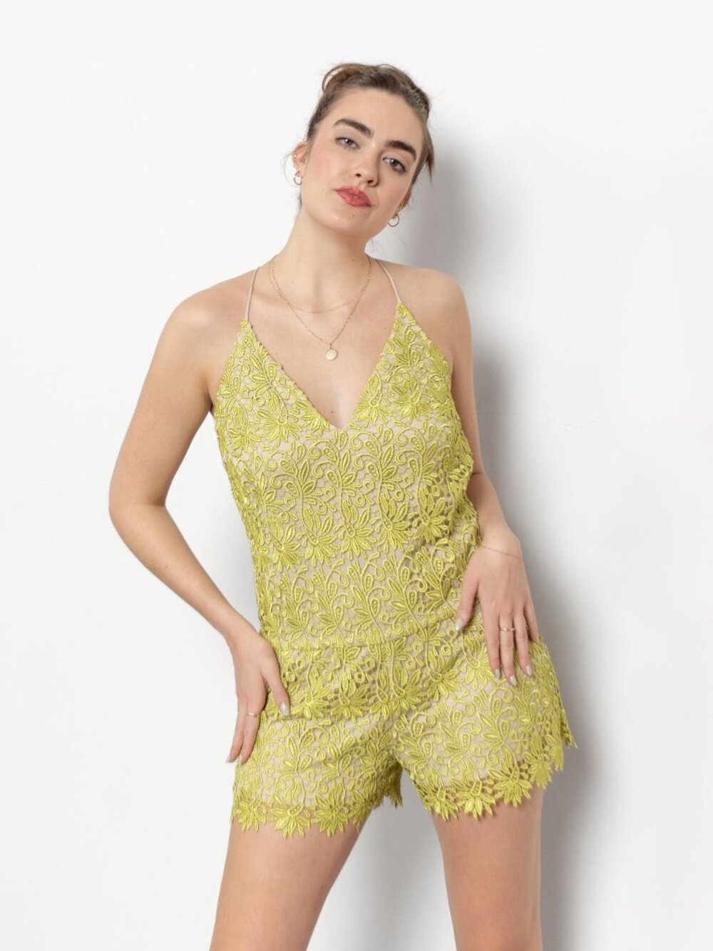 LACE ROMPER GREEN Backless 60'S Vintage Costume Crochet Floral / Medium Large